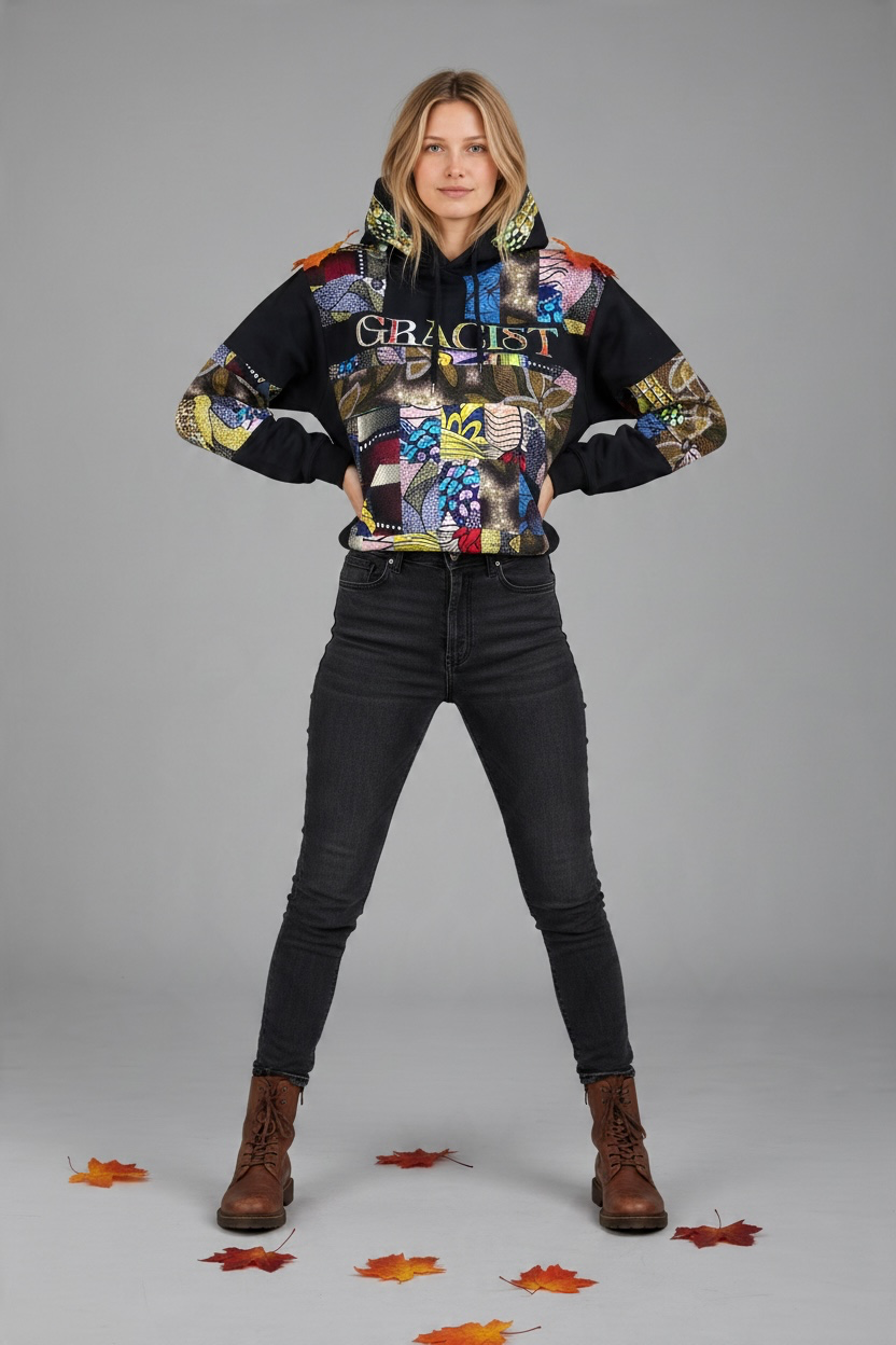 Gracist Black Patchwork Hoodie — Multi-Color Chest Logo