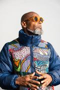 Navy Wax-Print Patchwork Puffer Jacket