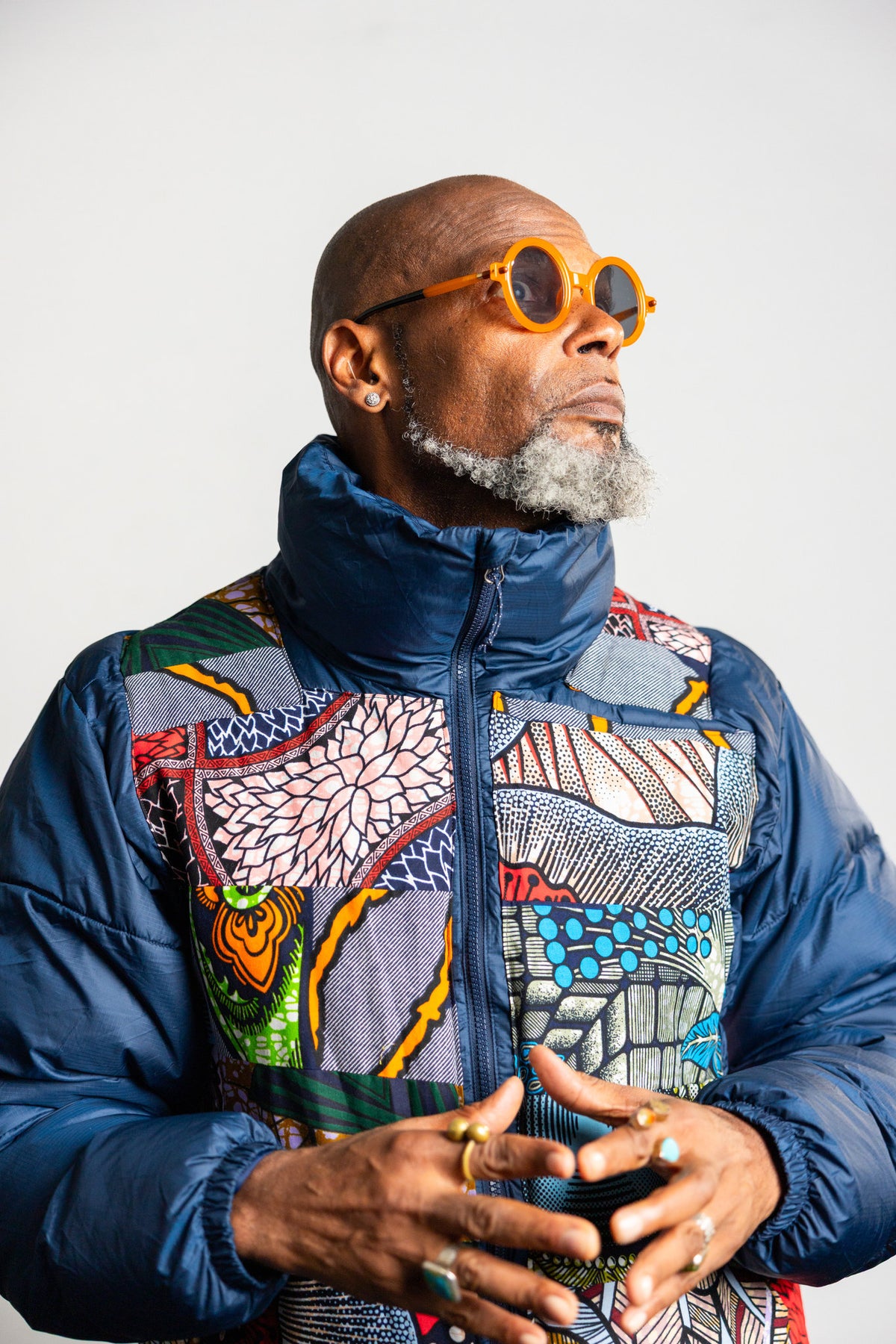 Navy Wax-Print Patchwork Puffer Jacket