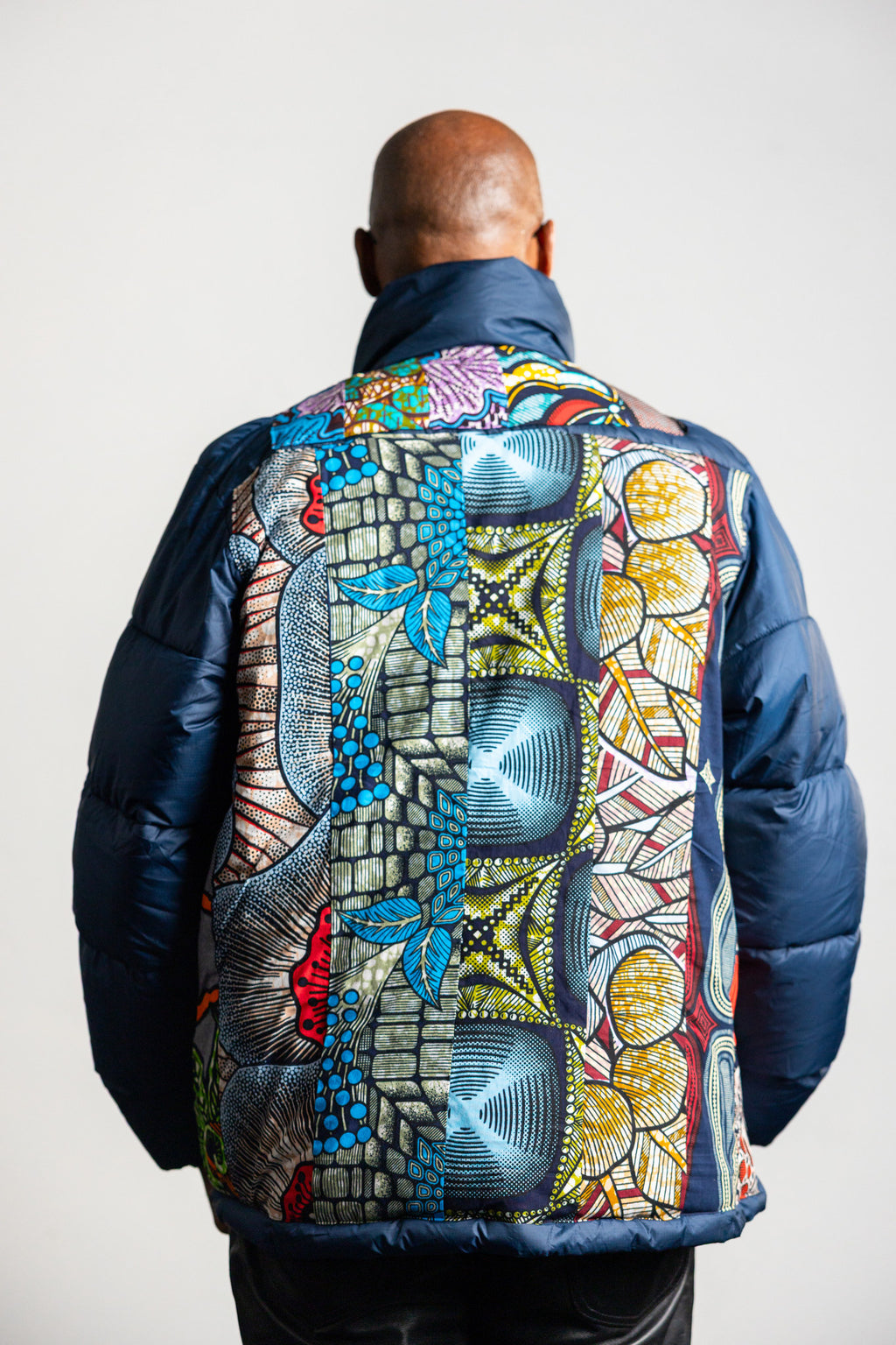 Navy Wax-Print Patchwork Puffer Jacket