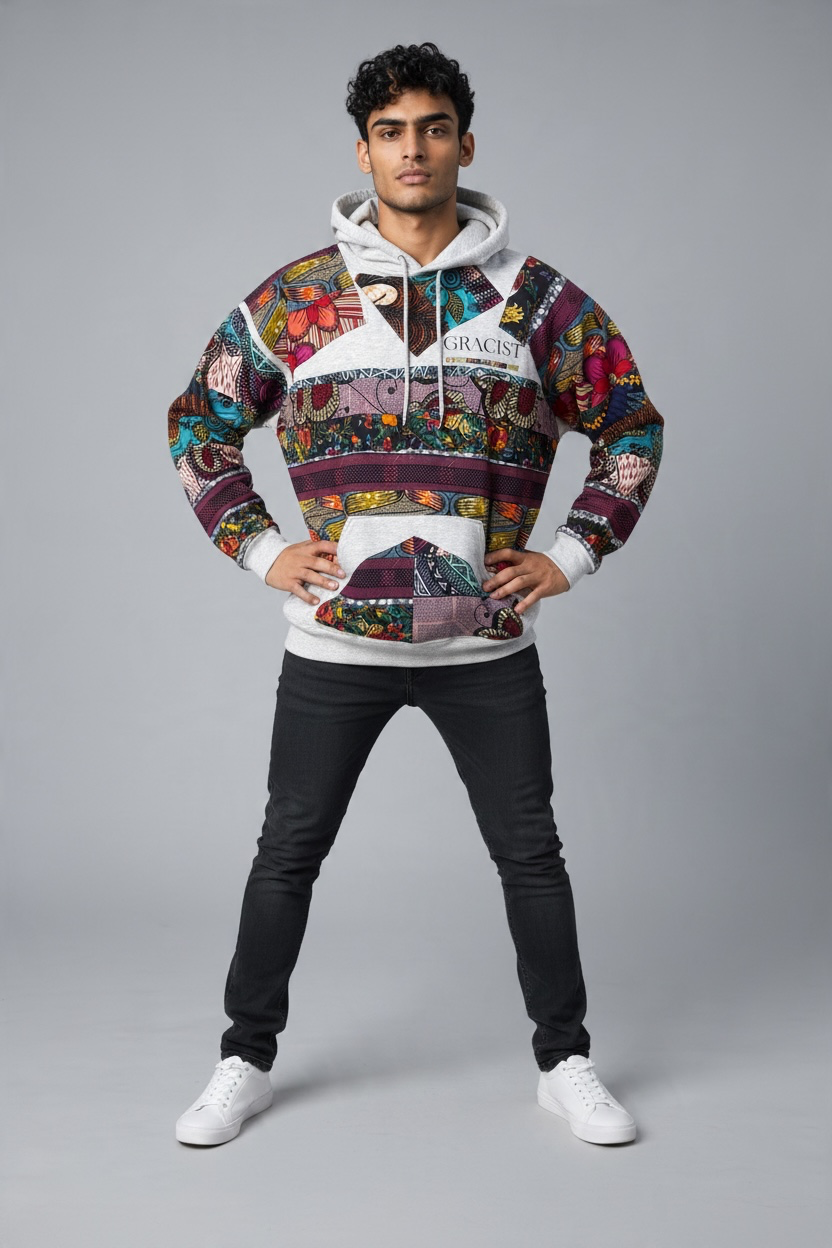 Gracist Heather Gray Patchwork Hoodie — Left-Chest Logo