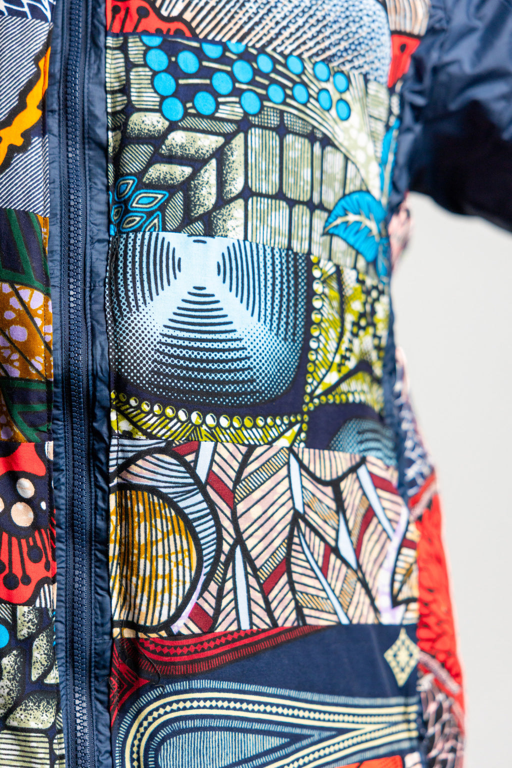 Navy Wax-Print Patchwork Puffer Jacket
